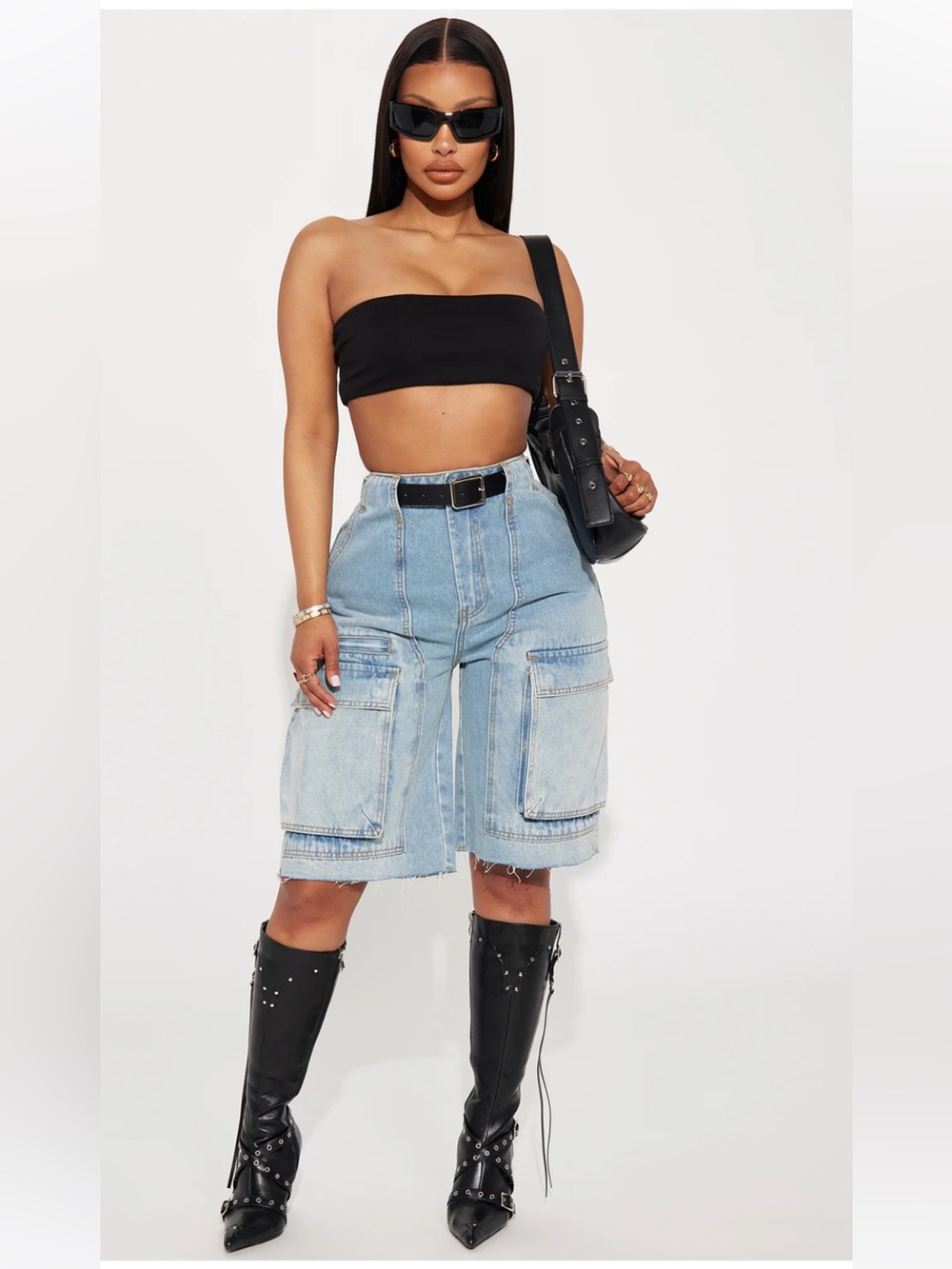 Fashion Nova Light Blue Denim Cargo Knee-Length jorts Sz 7